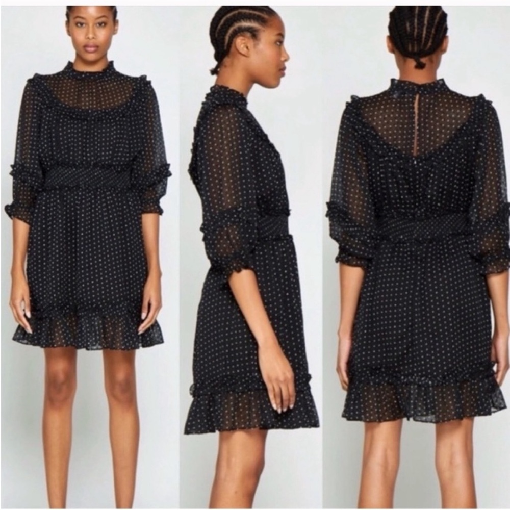 Walter Baker Polka Dot Ruffle Mock Neck Swiss Dot Smocked Waist Dress Small